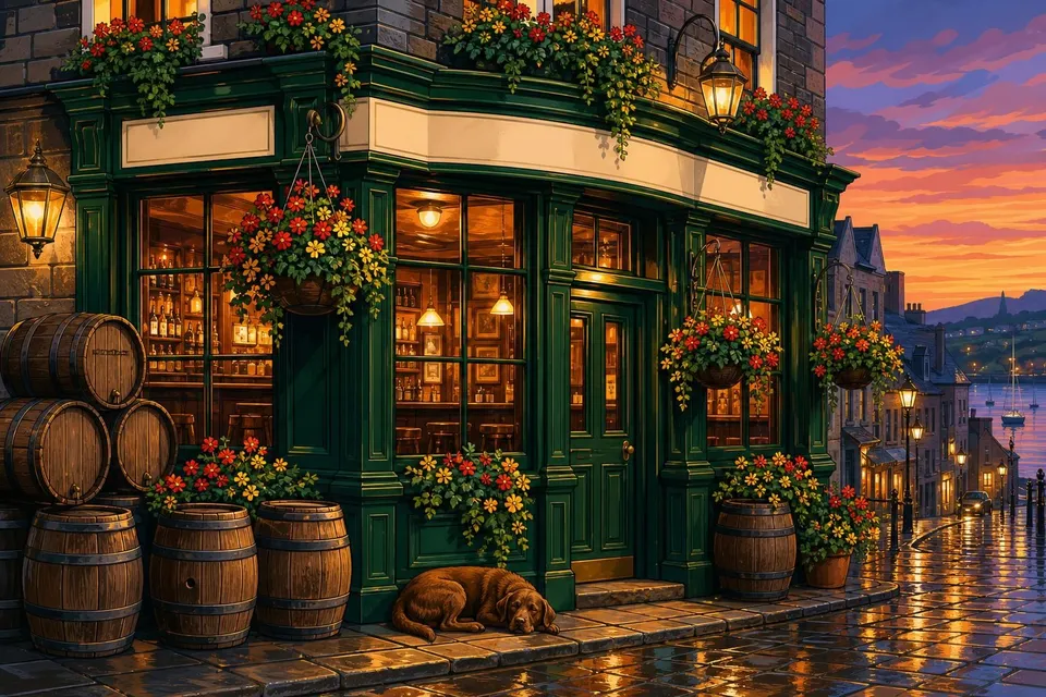 Fachada verde de un pub irlandés con faroles, flores colgantes y adoquines mojados al anochecer