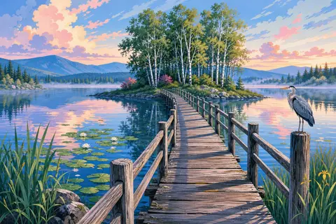 Puente de madera sobre un lago en calma hacia una isla con abedules