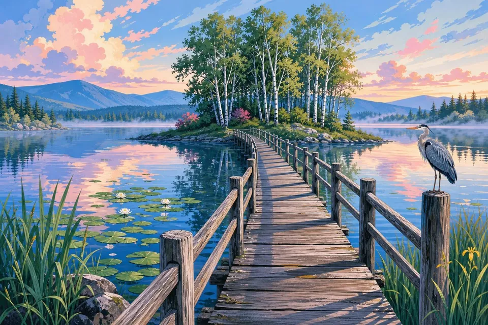 Puente de madera sobre un lago en calma hacia una isla con abedules