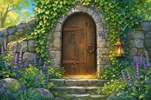 Puerta de madera con arco en un muro de piedra con hiedra y luz dorada