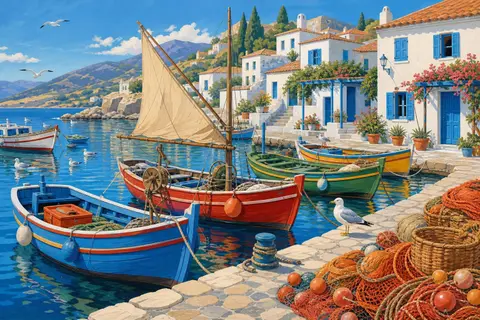 Puerto pesquero con barcas de colores, redes naranjas y casas blancas