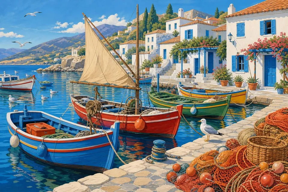 Puerto pesquero con barcas de colores, redes naranjas y casas blancas