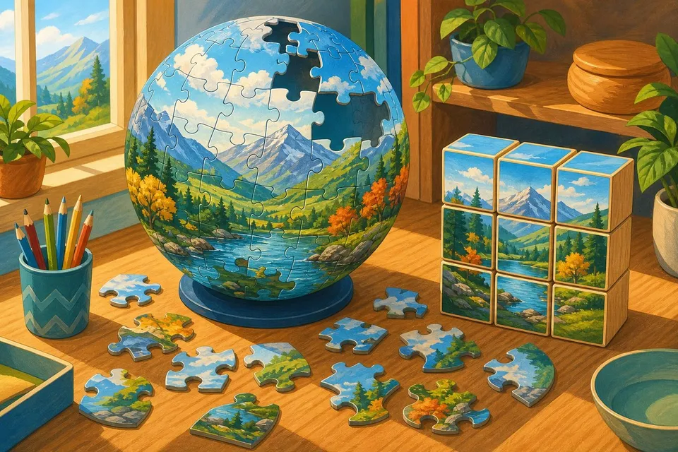 Puzzle 3D online gratis: globo, torre, rosquilla y cubos