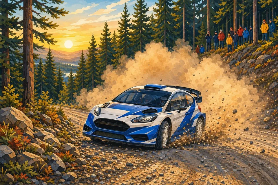 Coche de rally azul y blanco derrapando en una curva de grava entre pinos y polvo