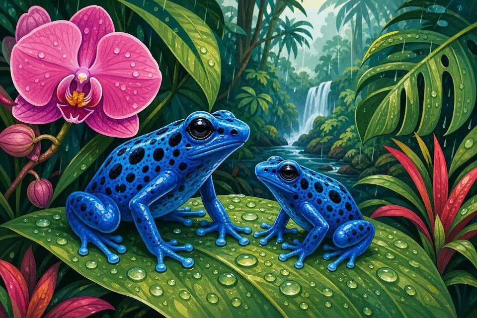 Dos ranas de color azul intenso con manchas negras sobre una hoja verde con gotas