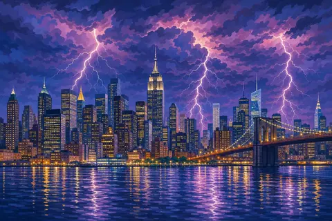 Tormenta nocturna con relámpagos sobre los rascacielos de Manhattan y un puente iluminado