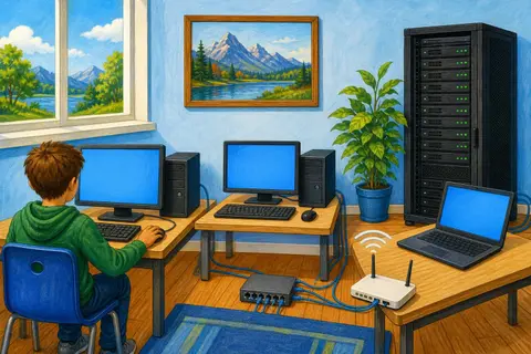 Ordenadores conectados con cables azules a un switch, router con ondas wifi y servidores