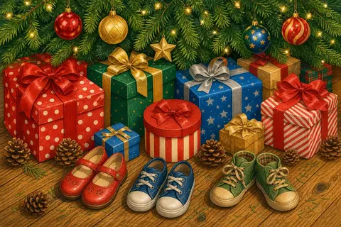 Regalos envueltos con lazos bajo un árbol de Navidad junto a tres pares de zapatos