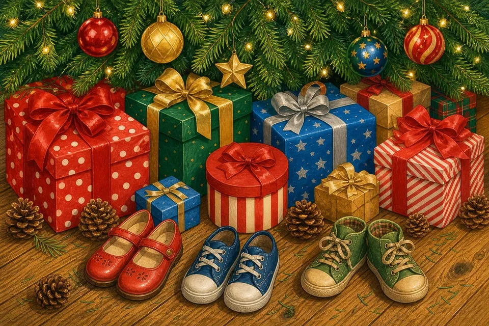 Regalos envueltos con lazos bajo un árbol de Navidad junto a tres pares de zapatos