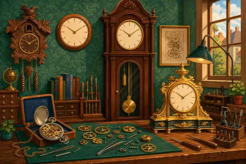 Relojes antiguos de cuco, de péndulo y de bolsillo en el taller de un relojero