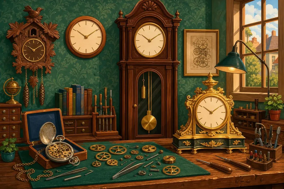 Relojes antiguos de cuco, de péndulo y de bolsillo en el taller de un relojero