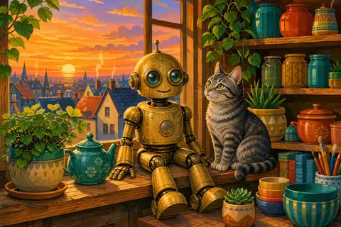 Robot de latón con ojos redondos sentado junto a un gato gris en una ventana al atardecer