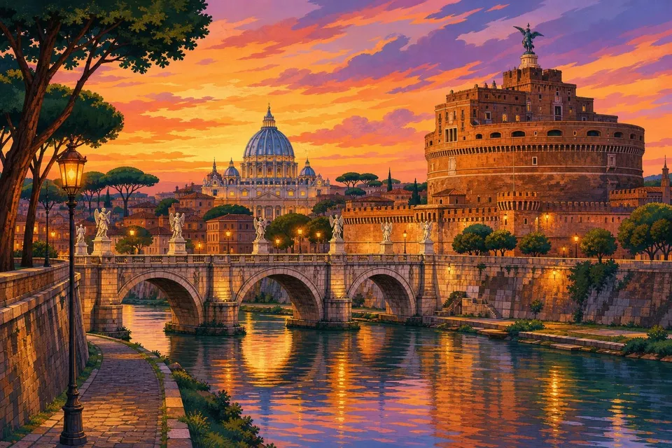 Roma al atardecer con el Tíber, el puente de los ángeles y San Pedro