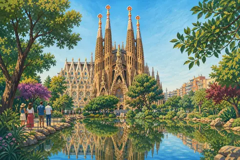 Fachada del Nacimiento de la Sagrada Familia con sus torres reflejadas en un estanque
