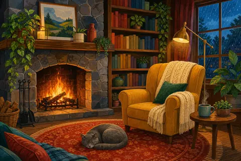 Salón acogedor con chimenea encendida, butaca mostaza, plantas y un gato dormido
