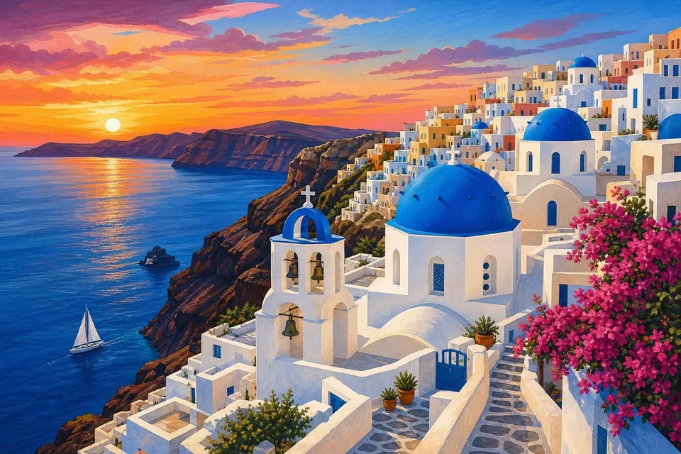 Casas blancas y cúpulas azules de Santorini sobre un acantilado al atardecer