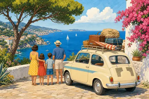 Seat 600 color crema con maletas en la baca aparcado junto al mar entre pinos