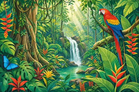 Selva tropical con cascada, lianas, flores rojas y un guacamayo en una rama