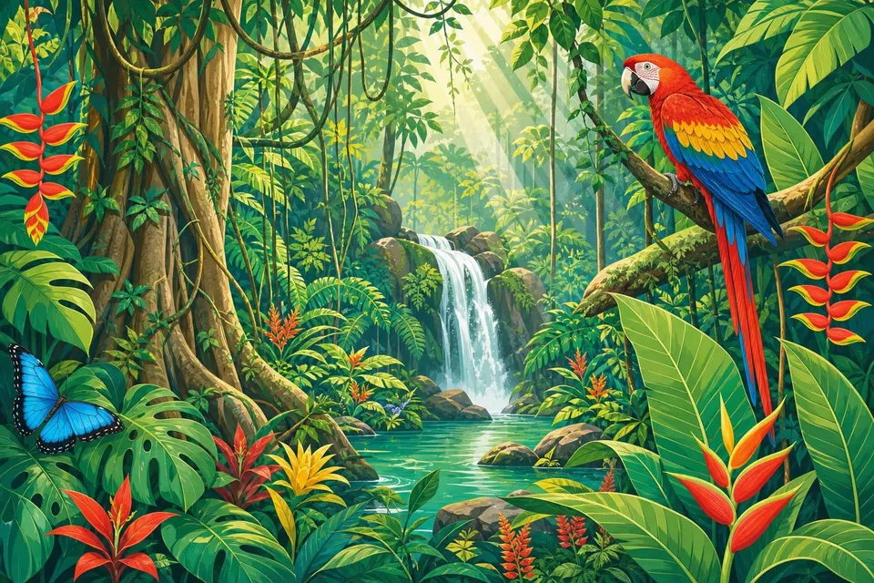 Selva tropical con cascada, lianas, flores rojas y un guacamayo en una rama