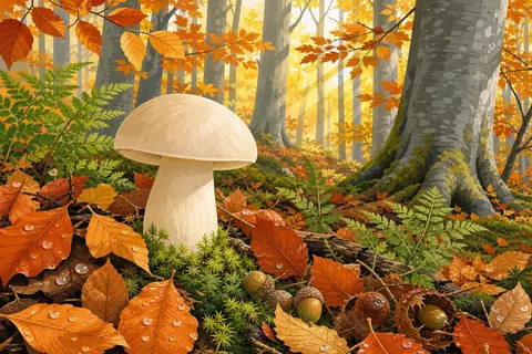 Seta de sombrero claro entre hojas secas de haya y musgo en un bosque otoñal