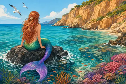 Sirena de espaldas en una roca de una cala turquesa con corales y peces