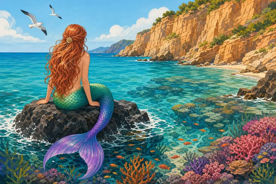 Sirena de espaldas en una roca de una cala turquesa con corales y peces
