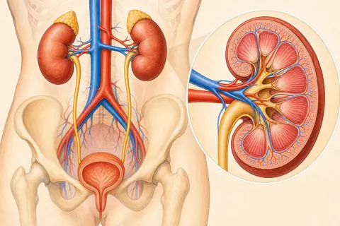 Esquema del sistema excretor humano con riñones, uréteres, vejiga y vasos sanguíneos