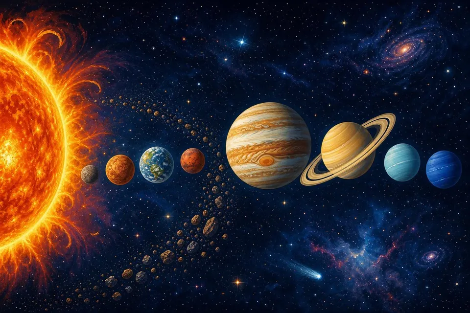 El Sol y los ocho planetas del sistema solar en fila sobre un fondo de estrellas