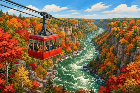 Cabina roja del teleférico colgada de cables sobre un río verde y bosque otoñal