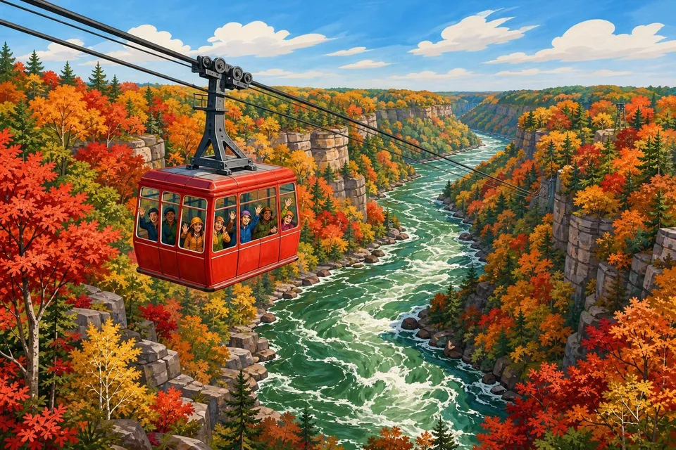 Cabina roja del teleférico colgada de cables sobre un río verde y bosque otoñal