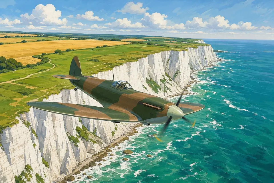 Caza de hélice con alas elípticas y camuflaje verde volando junto a acantilados blancos