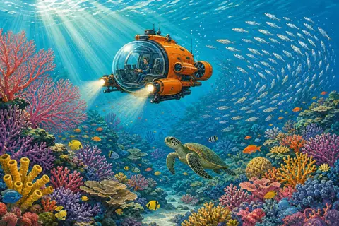 Pequeño submarino naranja sobre un arrecife de coral con peces y una tortuga