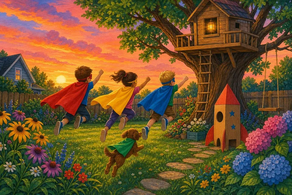 Tres niños con capas de colores saltando en un jardín junto a una casa del árbol