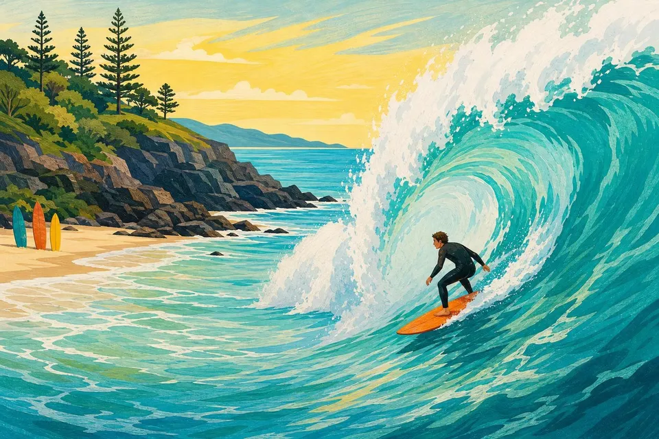 Surfista con tabla naranja bajando por una gran ola turquesa junto a unos acantilados