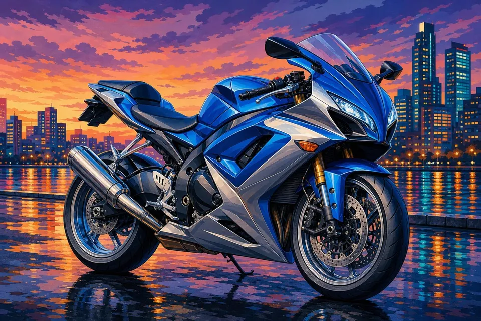 Moto deportiva azul y plata de línea aerodinámica sobre asfalto húmedo al atardecer