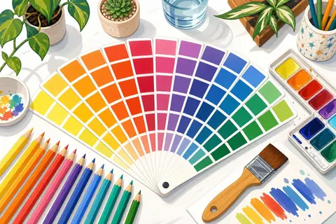 Muestras de pintura en abanico con degradados junto a lápices, un pincel y una paleta