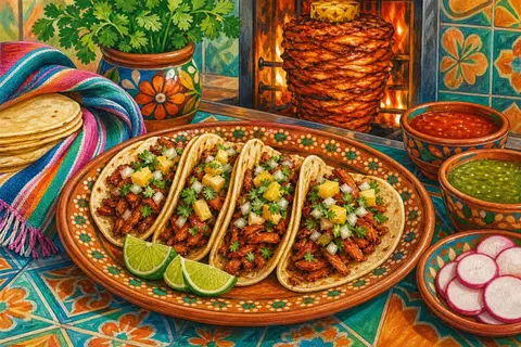 Plato de tacos al pastor con piña, cilantro, limas y salsas sobre una mesa de azulejos