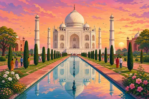 Taj Mahal al amanecer reflejado en el estanque con cipreses a los lados
