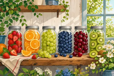 Seis tarros de cristal con fresas, naranjas, uvas y kiwi sobre una balda de madera