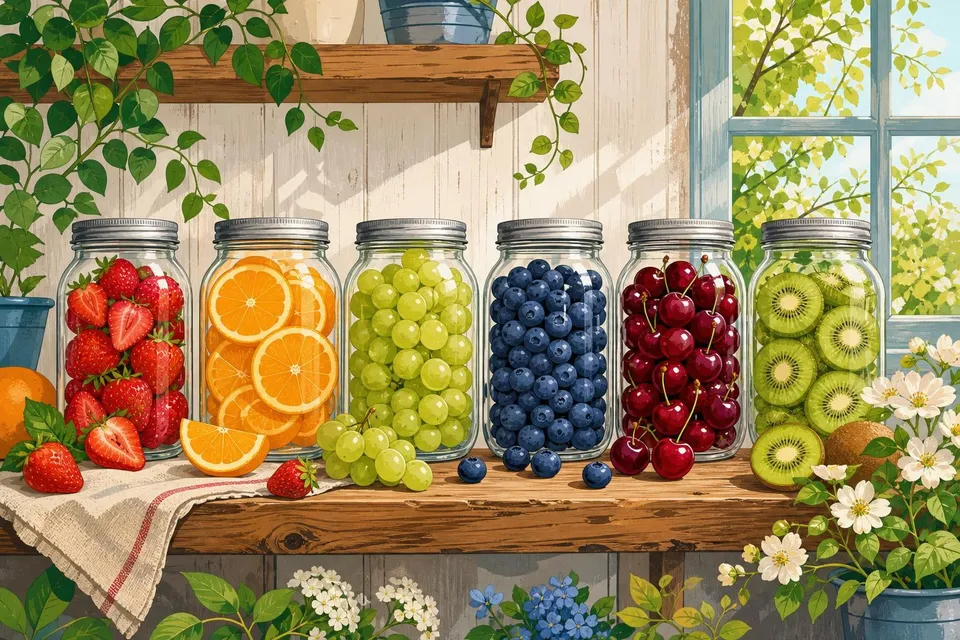 Seis tarros de cristal con fresas, naranjas, uvas y kiwi sobre una balda de madera