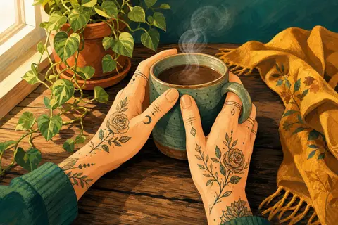 Dos manos con tatuajes finos de flores y hojas sostienen una taza humeante