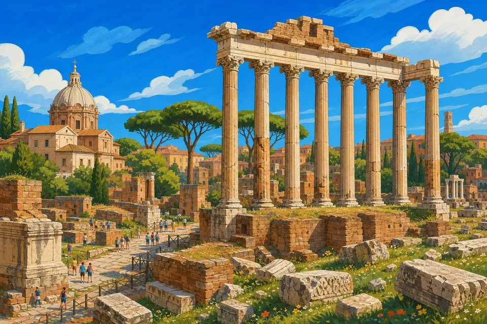 Ruinas del Templo de Saturno en Roma con ocho columnas altas y pinos al fondo