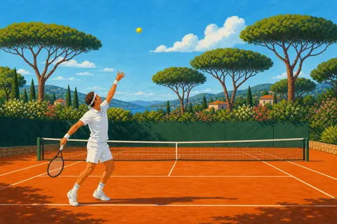 Jugadora de tenis sacando en una pista de tierra batida naranja con pinos detrás
