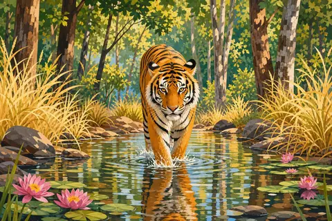 Tigre de Bengala cruzando una charca con su reflejo y hierbas altas detrás