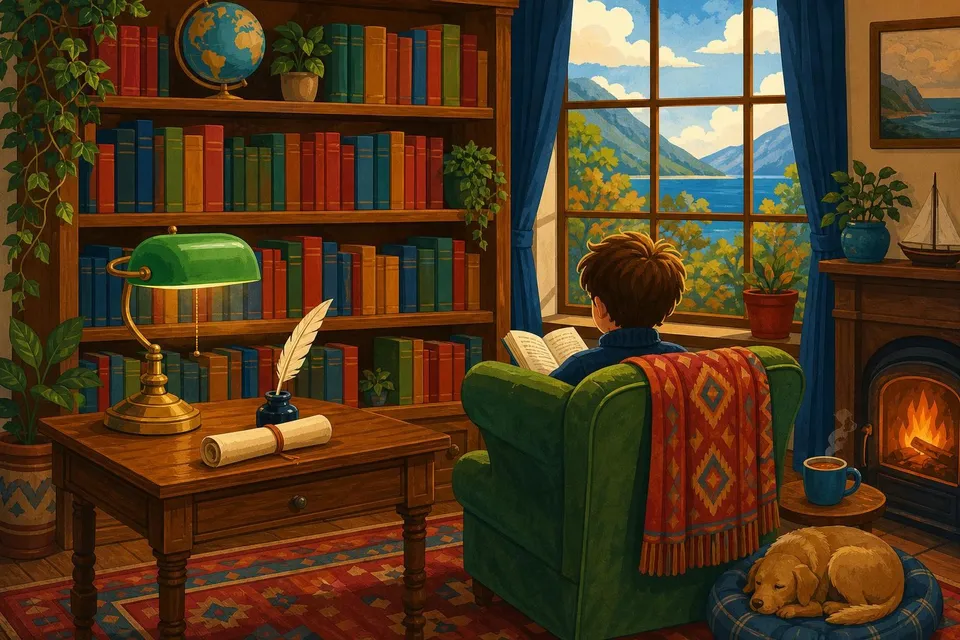 Rincón de lectura con libros de colores, tintero con pluma, lámpara verde y un niño