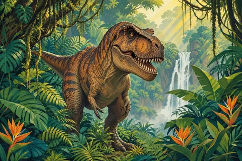 Tiranosaurio saliendo de la selva entre lianas y helechos con una cascada brumosa al fondo