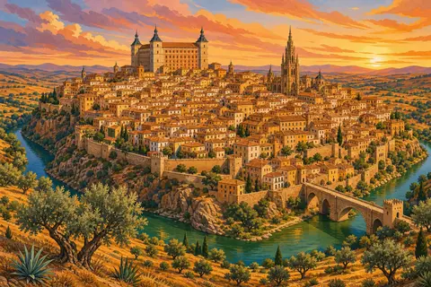Toledo sobre su colina al atardecer, rodeada por el río Tajo y un puente de piedra