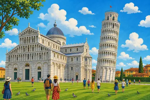 Torre de Pisa inclinada junto a la catedral sobre un césped verde
