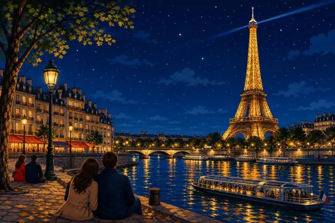 Torre Eiffel iluminada en dorado de noche con el Sena y edificios al fondo