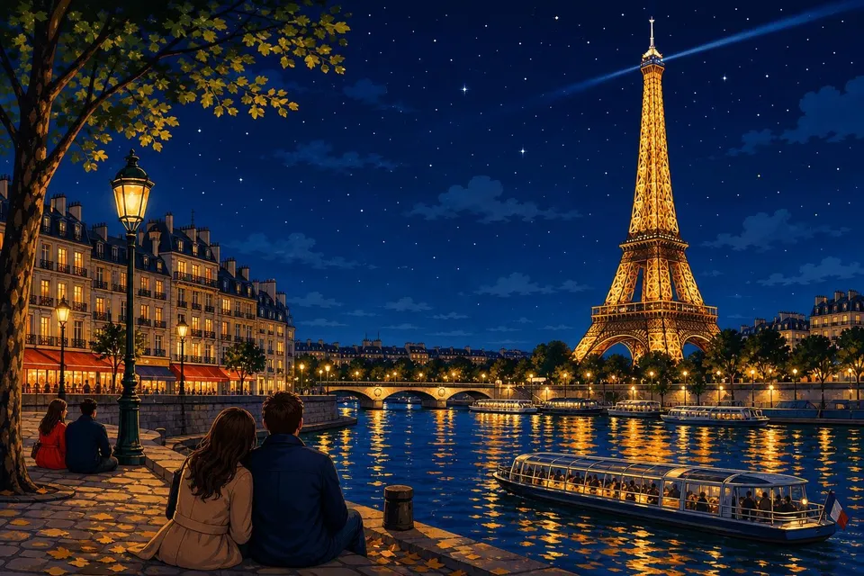 Torre Eiffel iluminada en dorado de noche con el Sena y edificios al fondo